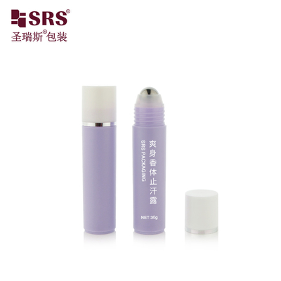 RPP-30ml 주사 보라색 반짝이는 매트 완성 된 흰색 모자 스탬핑 은 반지 철 공 마사지 헤어 세럼 롤러 병