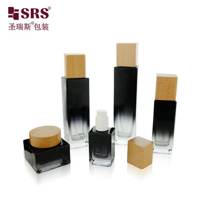 Custom 20ml 30ml 50ml 100ml 120ml Rectangle Glass Skincare Bottle Wooden Cap for Lotion Emulsion Cream